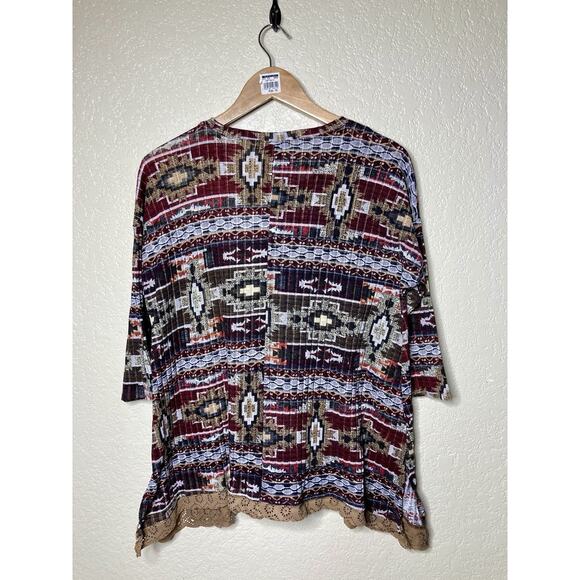 Signature Studio Knit Top Aztec 3/4 Sleeve Ribbed Asymmetrical Lace Trim XL - Picture 2 of 10